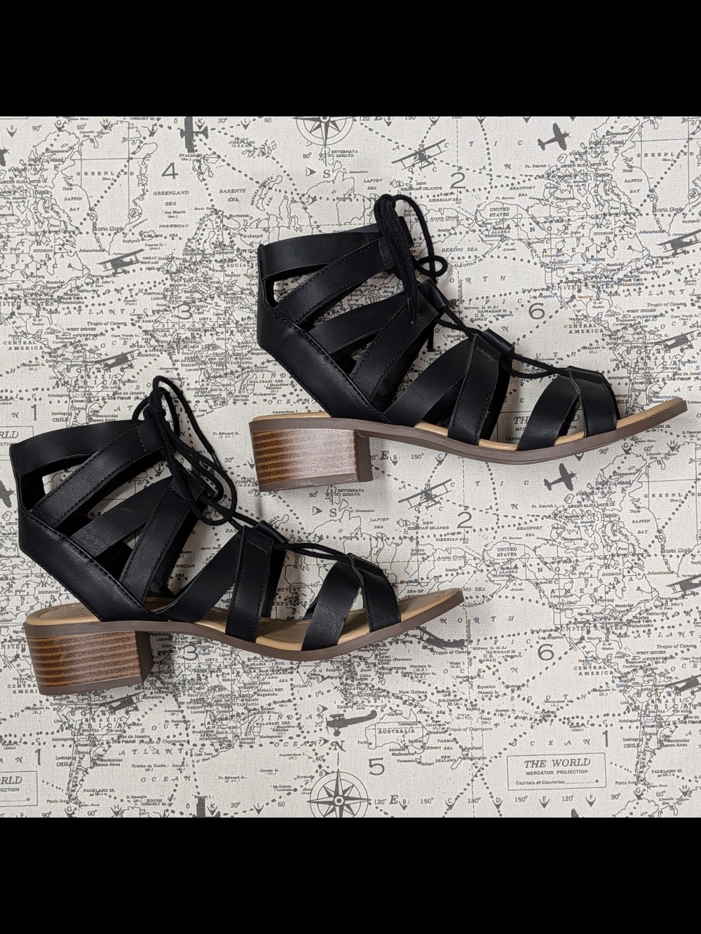 Cityclassified Black Lace-Up Strappy Block Heel Sandals Size 9